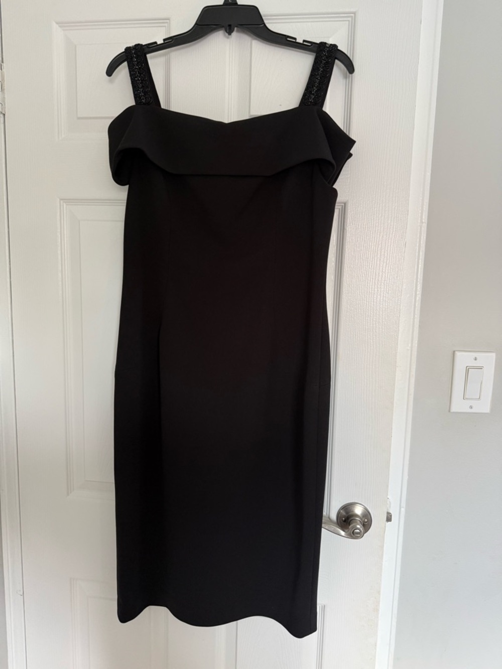 Adrianna Papell Black Off-Shoulder Midi Dress with Beaded Straps
